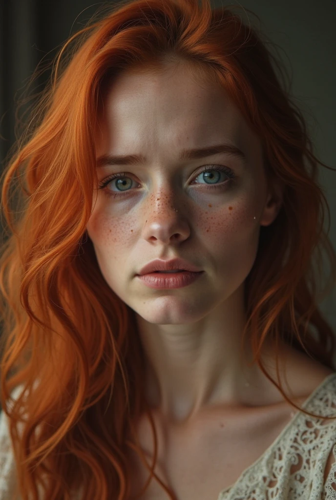 a portrait of a ginger, slate atmosphere, cinematic, dimmed colors, dark shot, muted colors, film grainy, lut, insane details, intricate details, hyperdetailed, closeup, twilight