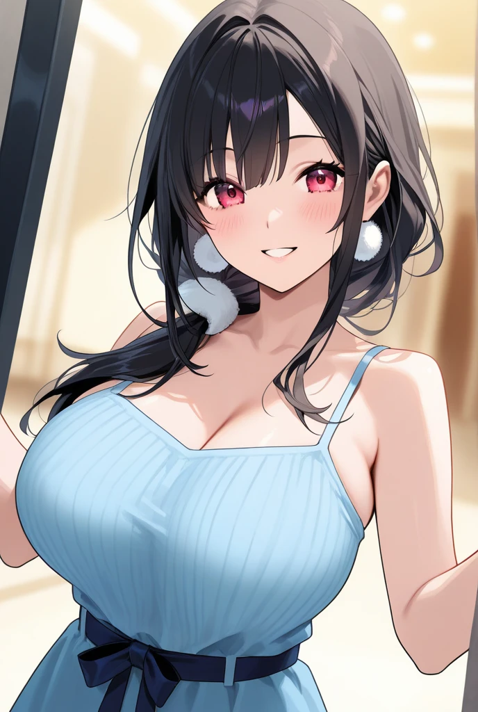 Voluptuous, curvy Mexican woman with long black hair and messy bangs, brown skin, brown eyes, full red lips. Wearing a red tank top, and a black skirt. Heavier and curvy woman. Heavy large breasts, nipple outline, curvy and large hips and butt. Blushing sadistically. Half-opened eyes, smug smile, blushing.