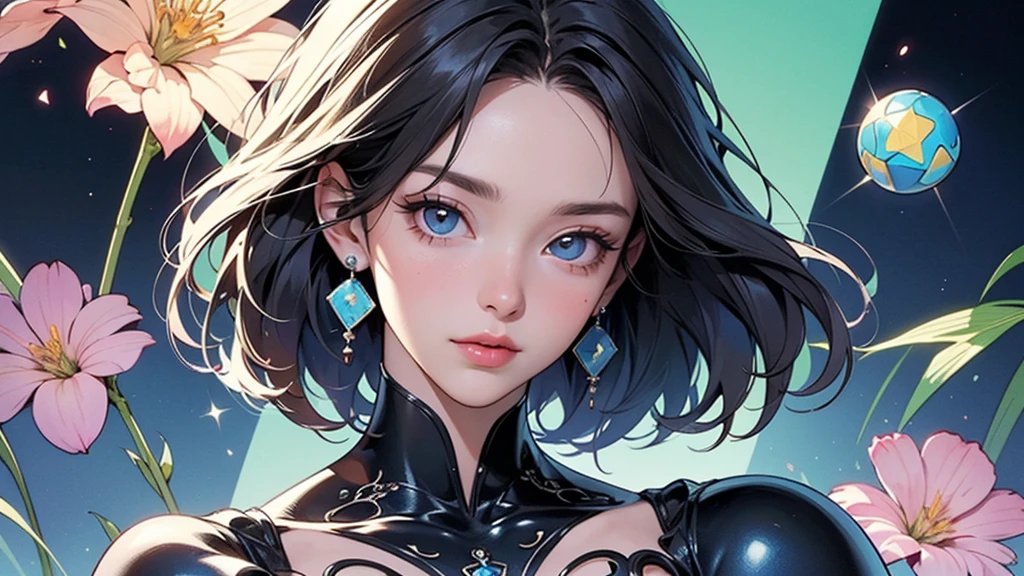 1人of女of子, armor, black_hair, Blurred, Blurred_background, Blurred_prospect, chest, green_eye, Closed_mouth, depth_of_Field, Earrings, jewelry, length_hair, Looking_in_Audience, smile, 一人in, upper_body