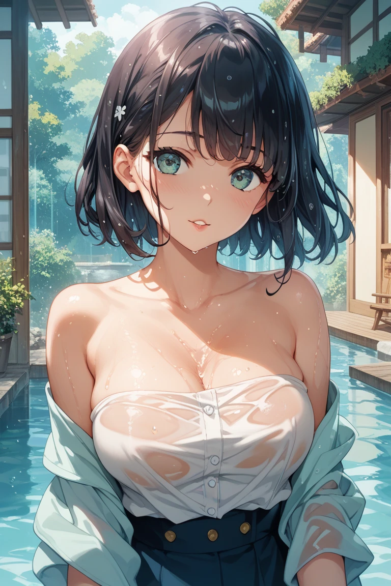 NSFW (New South Wales):1.4、​masterpiece、Top  Quality、High Quality、hoog detail、Hight Resolution、high detailed、lensflare、Ray traching、High quality textures、High quality shadow、The details are beautiful.、Detailed Details、detailed texture、realistic representation of faces、realistic and colorful、Delicate、cinematic lightings、Side Raitoko Nitido、(1 female:1.3)、(intricated details、Makeup-、pureerosface_v1:0.5)、(섬세하고 아름다운 Delicate 얼굴、섬세하고 아름다운 Delicate 눈、perfect face proportions、Detailed skins、Enticing、Large breasts pointing upwards、slim and slim)、(chest prominence:1.4)、(see -through:1.4)、Water wetting、grabbing ass、water leak、swim wears、high and beautiful bangs、ponytale、bend the spine、protruding buttocks、knee 꿇기、knee 따로、knee、swimming pool、Wrist watches、necklaces、piercings