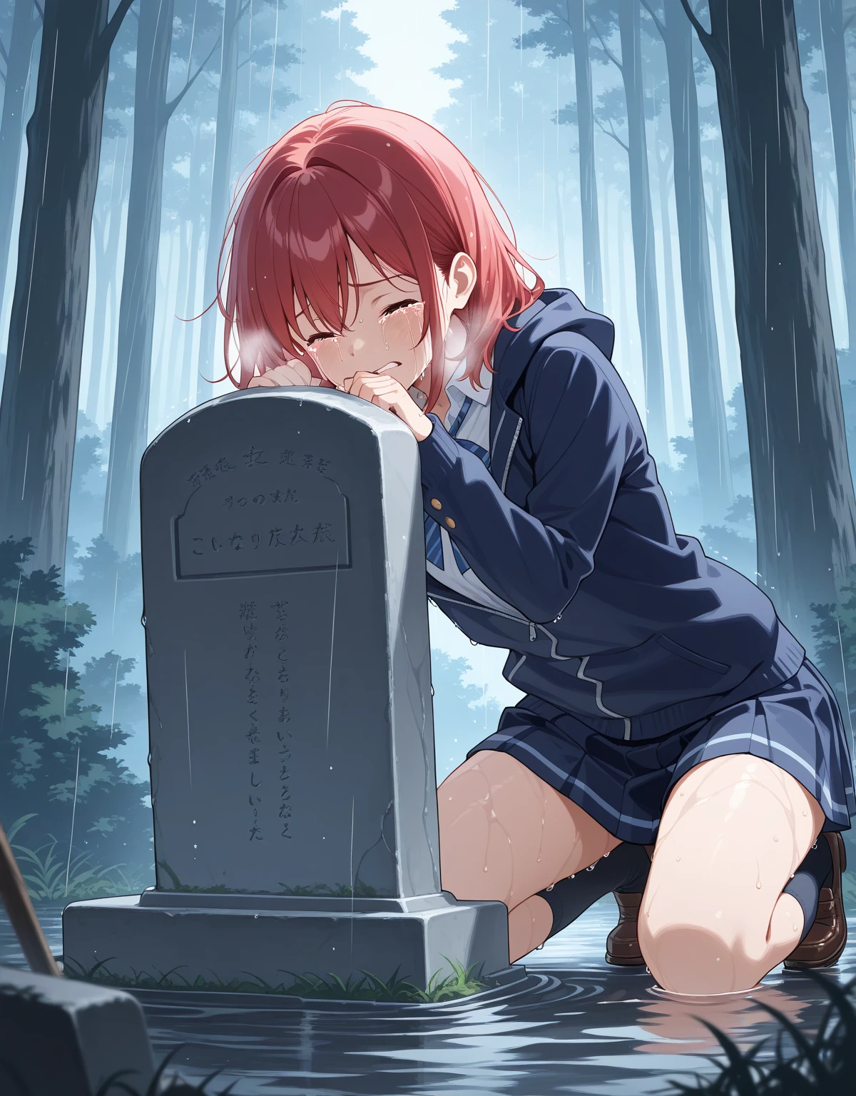 13-year-old girl in a cemetery at night sitting next to a grave crying uncontrollably while talking to her. The girl has short brown hair and is wearing a black T-shirt close to her body and jean shorts and flowers on the grave
