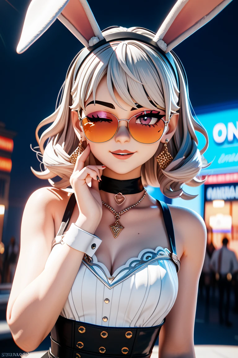 An anime girl with blue-green eyes on a New Year's Eve street in Dubai