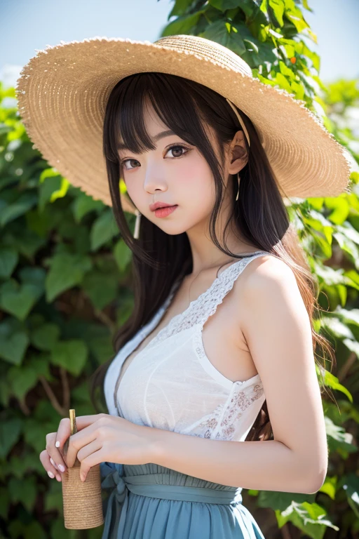 Highest quality, masterpiece, Ultra-high resolution, (Realistic:1.4), RAW Photos, 1 girl, 、Round Face、slim、Flat Body、Slender body、cute、、(Buckshot close-up:1.3)、、Straw hat、(((look back:1.2)))、Summer Sweater、Off the shoulder、Strapless