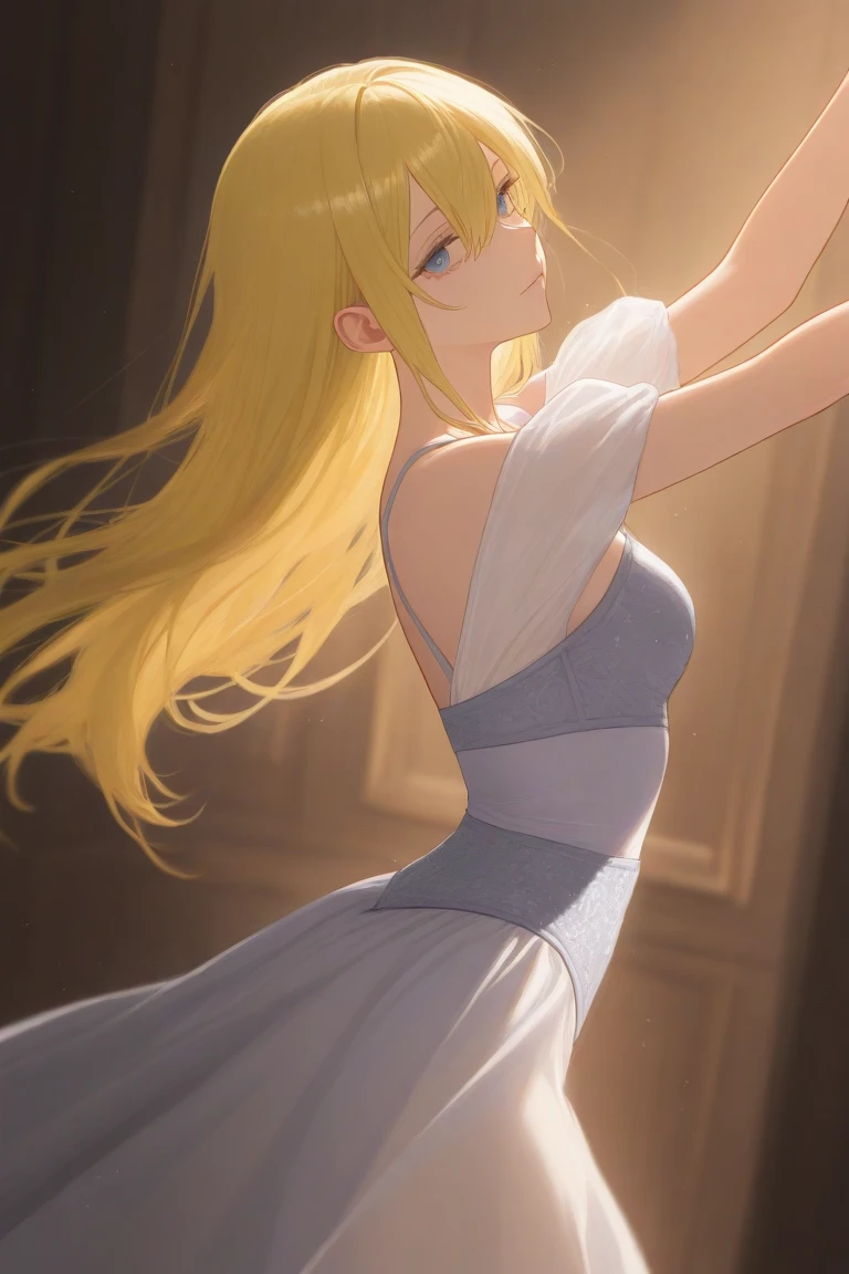 masterpiece, best quality, highly detailed, ultra high res, ayase arisa, 1girl, solo, blue eyes, hair ornament, blonde hair, long hair, blush, glossy lips, ballerina, sleeveless leotard, (tutu), medium breasts, full body, (view from behind)