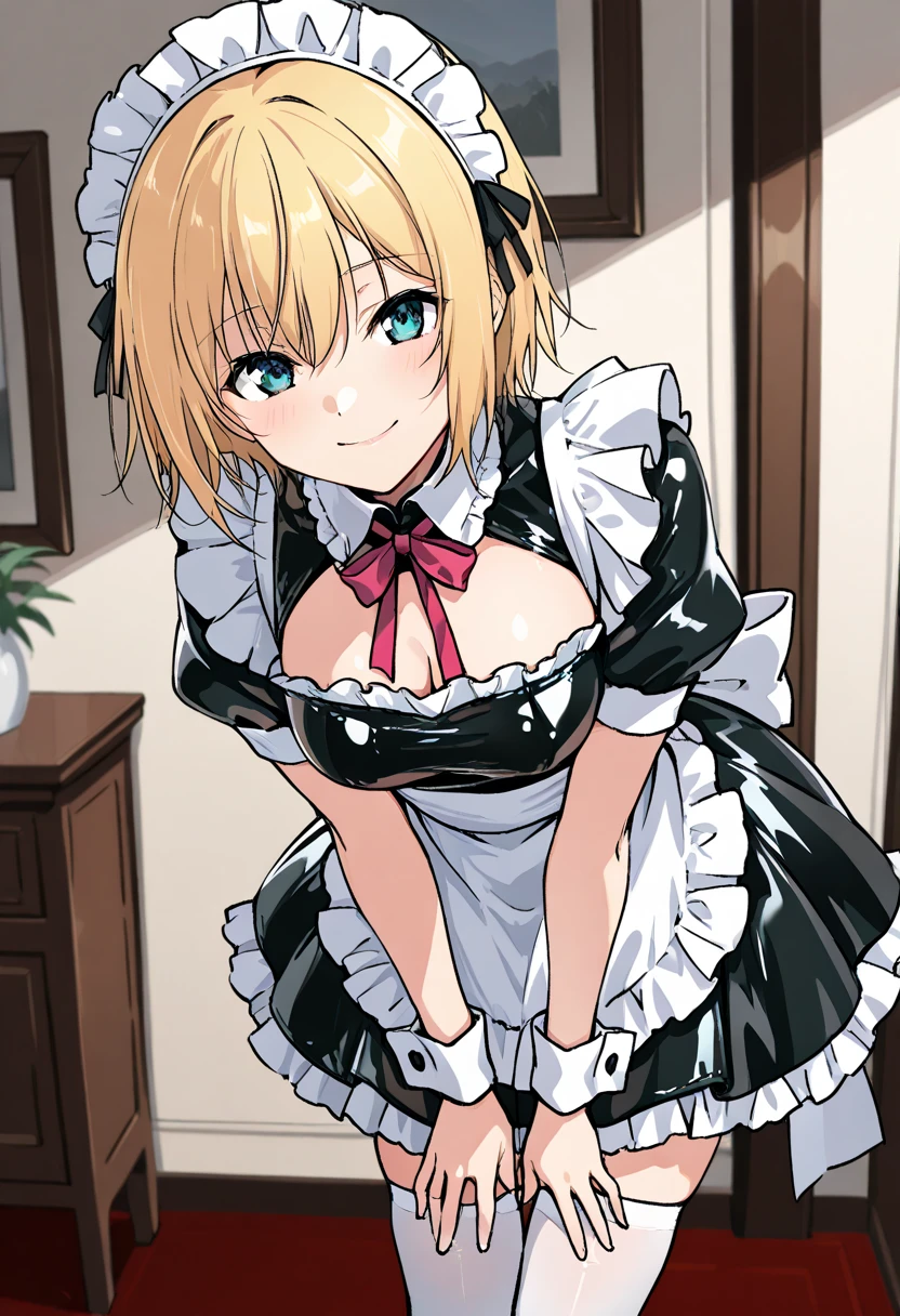 Prompt: score_9, misaki kurehito:1.5, official art, masterpiece, absurdres, anime screencap:1.5, 1girl, :o, ahoge, apron, arm support, black dress, black ribbon, black thighhighs, blonde hair, breasts, choker, cleavage, dress, frilled choker, frills, green eyes, indoors, leaning forward, maid, maid apron, maid headdress, neck ribbon, puffy short sleeves, puffy sleeves, ribbon, seiza, short sleeves, sidelocks, sitting, small breasts, solo, stairs, thighhighs, zettai ryouiki, indoors,