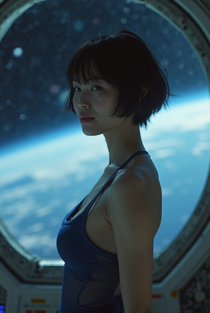 268 (20-year-old princess,Are standing), ((short hair:1.46)), (chest:1.46), Old-fashioned smile, (flower), (Spaceship:1.46)