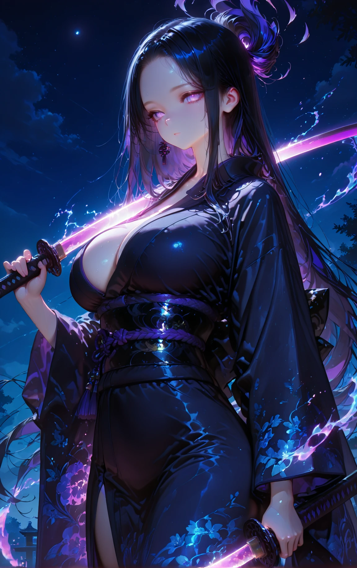 A 17 year old tall Japanese girl with really long black hair, sharp glowing purple eyes, big breasts, a muscularly lean, slim and sexy body with defined arms and muscular legs, wearing a sexy black and purple assassin outfit with a black cloak and a long skirt. In her hands, a purple katana. Covered in poison smoke.