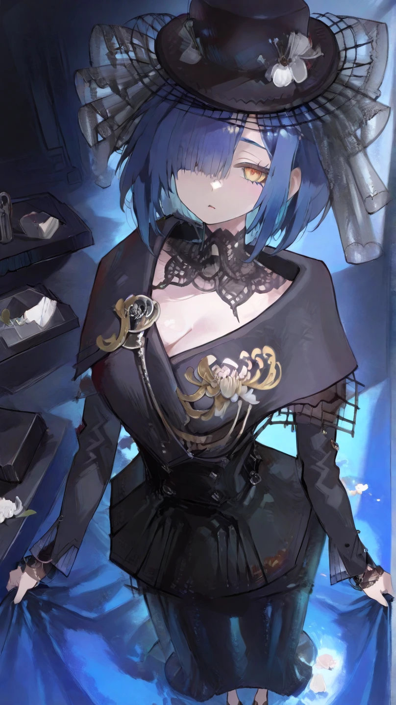 Anime girl wearing a top hat and bow tie sitting on the ground, From the Azur Lane video game, Azur route style, Anime cute art style, Ayaka Genshin Impact, Shatir from Overlord, Attractive anime girl, Azur Lane Characters, , I will also draw the fan, Zerochan art, Black, Official Character Art