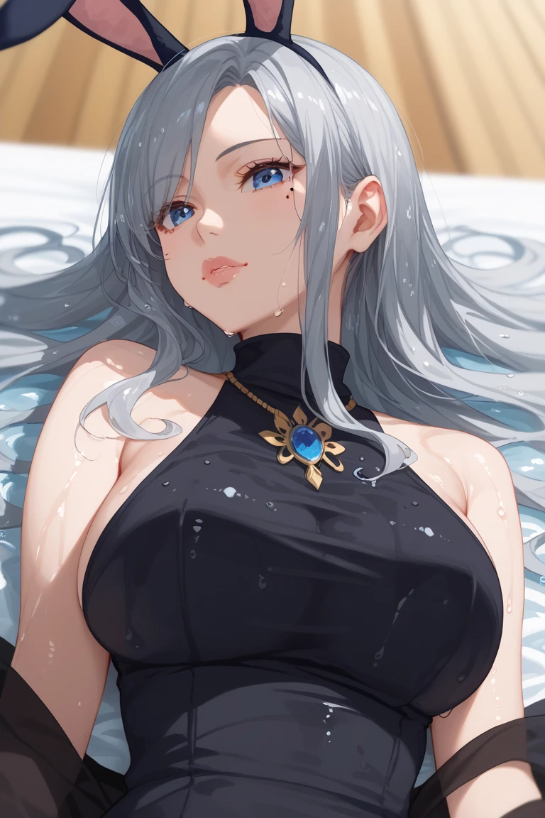 (Masterpiece:1.2, high quality), (pixiv:1.4), (1girl:1.2), (solo:1.2), (smooth:0.8), beautiful woman, (mature), pale white skin, red cheek, blush, (smile:1.2), silver hair, side fringes, bangs, wavy hair, (strand braids), hair clips, hair over eyes, black eyes, (detailed eyes), symmetrical eyes, black eyeshadow, glossy lips, pale pink lips, symmetric face, round earrings, (looking away), mole on chin, shoulder straps, plunging neckline, pendant, (black dress), luxurious slit dress, collarbone, neckline, luxurious, slender arms, (beautiful round breasts:1.2), detailed cleavage, slim waist, professional photography, dynamic pose, bent forward, best quality, (absurdres:1.2), ultra-detailed, HD, 1080, 4k, 8k, intrinsic details, shiny blue sky, aesthetic outdoors, sky background, sea side, bridge, view from below, (pov thighs), wind blowing hair, vivid colors, dynamic lighting, ((detailed face)), blurry background, highly focused face