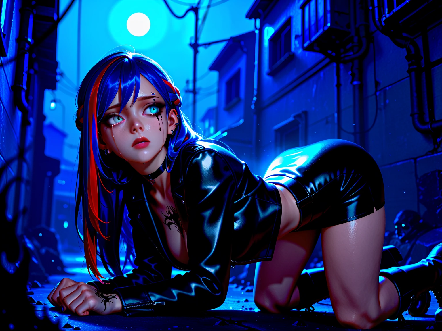 1girl, solo, girl, anime girl, close up, futuristic outfit, neon rocker, very cute cyberpunk rocker clothes, cyberpunk rocker (long tank top glued with print, glued jeans, long heeled boots, red main color), (long straight red hair with straight bangs), female whole body, cyberpunk style, neon cyberpunk style, synthwave image, cyberpunk, neon gloss concept art, moon, lantern, night, solo, outdoor, sky, full moon, rain, mountain, cloud, paper lantern, night sky, reflection,, {{(masterpiece),(extremely detailed CG unit 8k wallpaper), (side breasts), best quality, solo, cinematic lighting, detailed background, beautiful detailed eyes, bright pupils, (an extremely delicate and beautiful), (beautiful and detailed eye description), ultra-detailed, masterpiece, }}, detailed eyes, beautiful eyes, realistic eyes, beautiful eyes, perfect eyes, bright orange eyes, rear vision, (anamorphic rays), brightness, depth of field