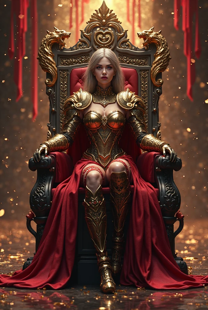 1 gorgeous blonde woman, age 23, sitting on a throne with a black and red space marine war armour, on an fire throne, a beautiful fantasy empress, queen of hell, on her throne, queen, beautiful and elegant queen, sitting on her throne, sitting on throne, portrait of an queen, goddess of winter, an queen, on a throne of lava in a burning and smoking rock castle, perfect hands, perfect face, perfect breast, perfect hair, cinematic lighting