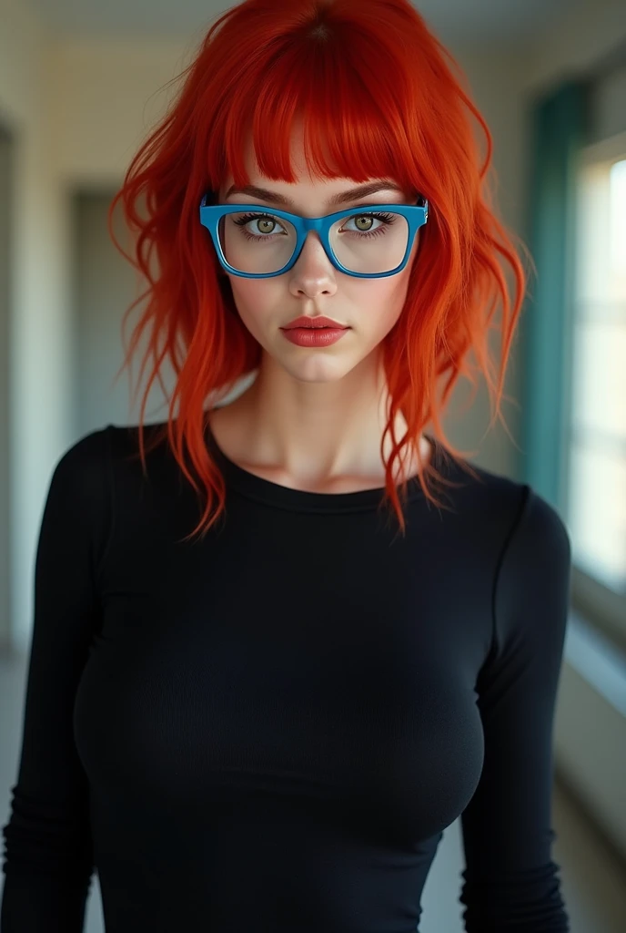 cyan and red hair, bright, clear green eyes, freckles, glasses with thick black frames, Beautiful girl, big fit ass , photo studio style, loot , Kale