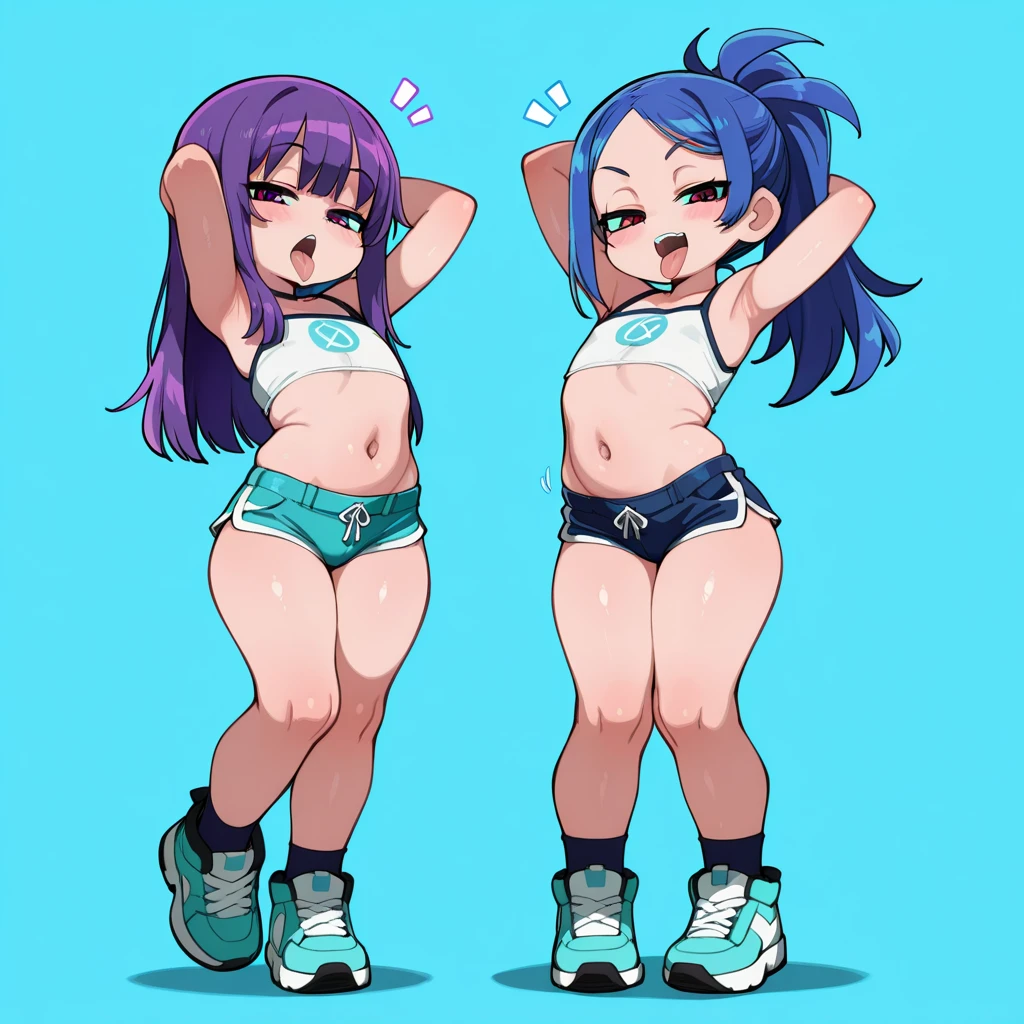 blue sports bra, black panties, spandex shorts, yoga shorts, knee high socks, sneakers, full body, standing