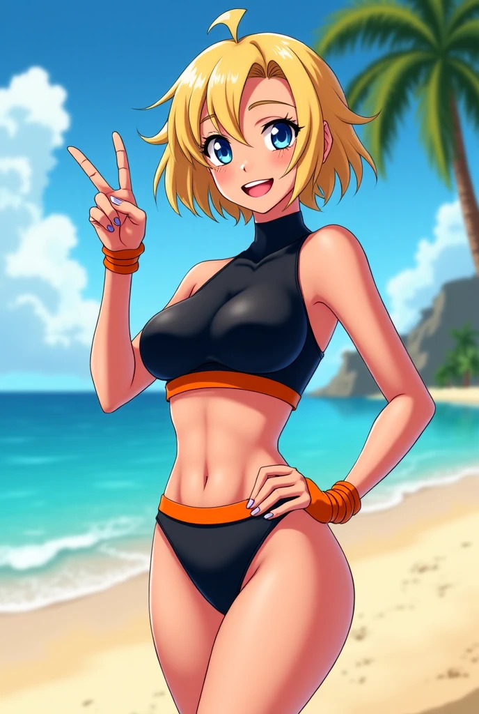 masterpiece, best quality, saeko tanaka, looking at viewer, yellow hair, yellow eyes color, large breasts, upper body, portrait, seductive smile,both hands raised, armpits, armpits visible, sweaty armpits, wearing sexy bikini, tiger print, background on beach