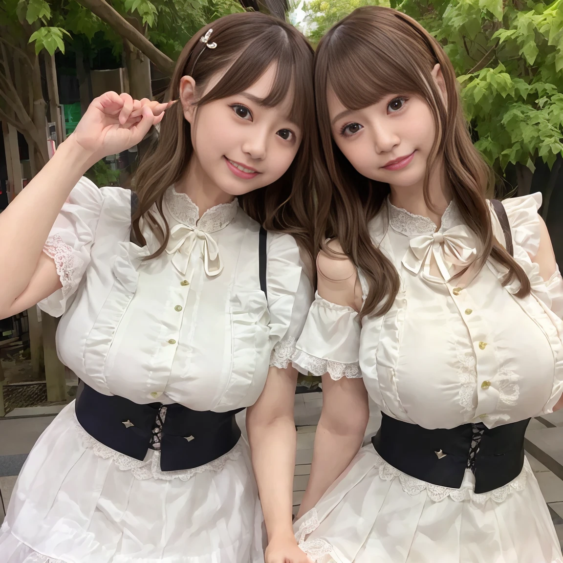 Two Asian women in uniform posing for a photo on the street, Two Japanese female students posing, wearing Japanese , Japanese , Trending on cgstation, realistic Young Gravure Idol, Young Gravure Idol, Two beautiful anime girls, Young and cute gravure idol, Japanese Girls , nixeu and sakimichan, Trending on cgstation