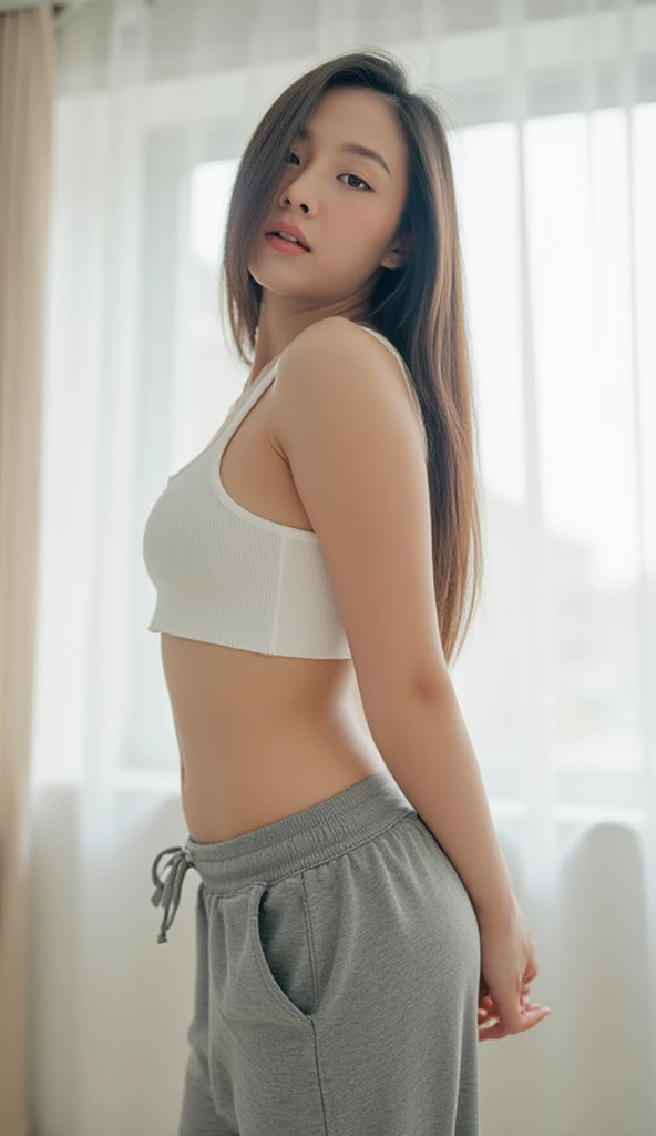 Create a girl in sweats and short shorts