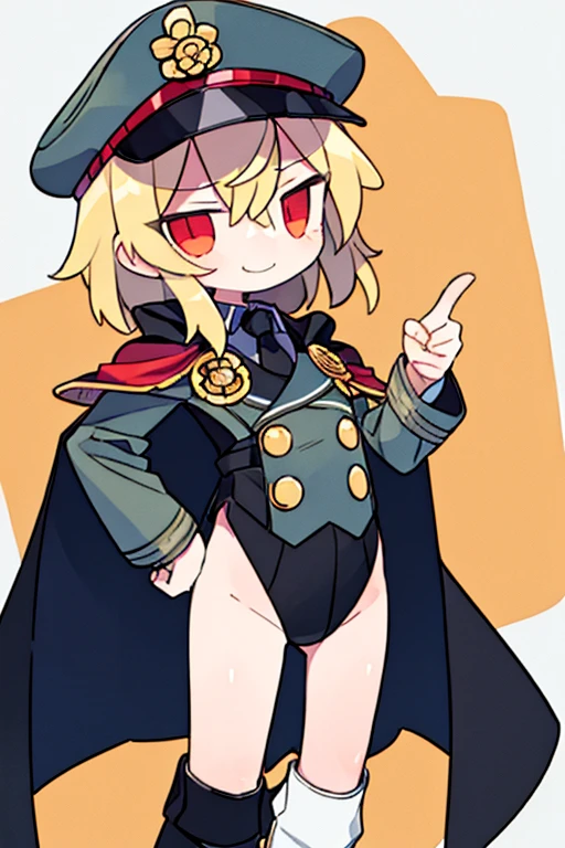 cute, small, short, flat, masterpiece, detailed, high quality, absurdres, Tanya Degurechaff, 1girl, solo, evil grin, curvy, military, military uniform, pussy peak, no panties