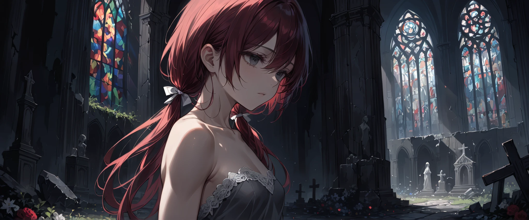(best quality, masterpiece:1.2), (sunset, crying:1.3), (happy,angry, screaming, hands on head:1.3), (half closed eyes:1.2), elf ears, sunlight, flare, high quality shadow, beautiful detailed, (high detailed skin, skin details), (wide_landscape, 8k), depth of field, highres, best illumination, 1girl, solo, outdoors, blurry background, HD hair, gothic dress, (center cleavage, clothing cutout), single girl, beautiful face, perfect skin, long hair, small breast, vampire girl, blood particles, (night), (horror \(theme\)), evil grin, very dark, (scary and evil background), mystic, absurdres, glowing red eyes, red hair, looking away, big horns, dynamic pose, black dress, bare shoulders, magic strokes, light particles, (medium view)