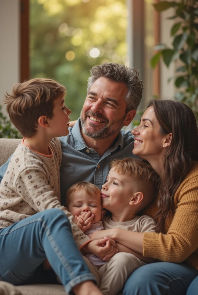 Here is the revised translation with a focus on human elements:
*A man in his forties, Marc, stands in a warm and inviting home. He is smiling, surrounded by his wife and their three children. The scene is bathed in natural sunlight pouring through the windows. On a nearby table, there's a bottle of wine and a half-filled glass, quietly hinting at the beginning of his struggle.*