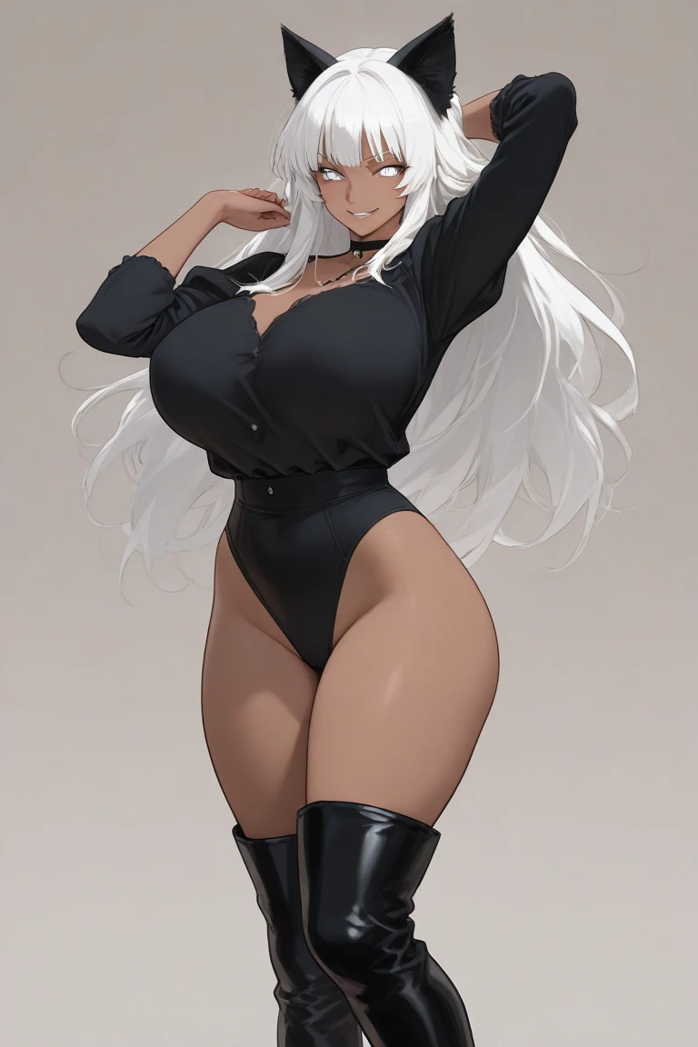 (Masterpiece), top quality, best quality, official art, (beautiful and aesthetic), (woman), (black mecha:1.1), (full body shot), (black bodysuit:1.1), (white dress:1.2), hood, (white hair:1.1), look at viewer, bangs, (white stocking:1.2), (futurial zen style:1.2), deconstruction, layers, editorial photo, (detailed face and eyes:1.2), (perfect anatomy), (round breasts), (bubble butt), (wide hips:1.1), (slim waist:1.1), (thick thighs:1.1), (detailed background), (perfect nails:1.1), (detailed hand and finger:1.2), (medium breasts:1.2), (busty), (deep cleavage:1.2), (labia outline:1.3), (hard teat:1.3).