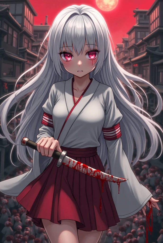 8K Ultra High-Quality, ultra-detailed, High quality, Nakiri Ayame, white oni horns, injured, kneeling on ground, tired look, foggy background