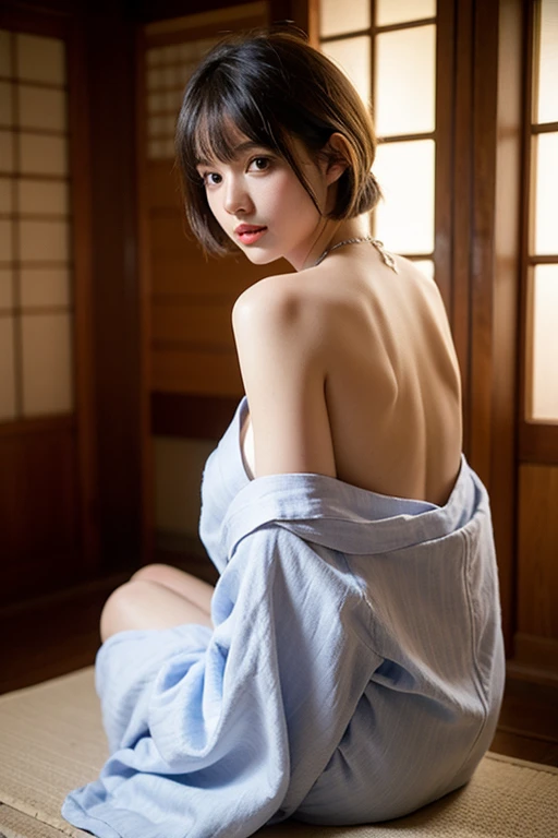 ((Highest quality)), ((masterpiece)), (detailed), Perfect face masutepiece, Best Quality, Illustration, Ultra-detailed, finely detail, hight resolution, 8K Wallpaper, Perfect dynamic composition, Beautiful detailed eyes, Natural color lip, Bold sexy poses, 20 years girl, Cute, Sexy shot looking at camera、wide angle, kimono,hair bun　 ,full BODY
