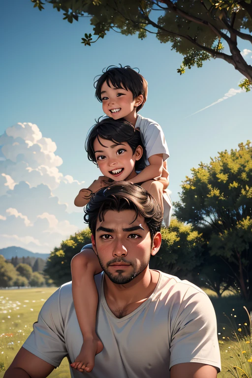 image of a man with his daughter in his arms, on a riverside, with cool clothes, smiling, looking at each other,