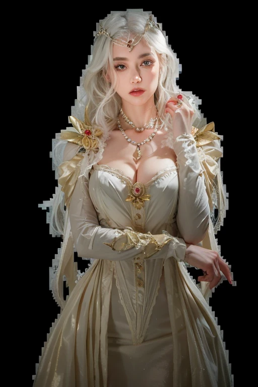 In the serene tranquility of dawn, a female vampire with an albino complexion emerges against the backdrop of a pristine, highest quality, 8k RAW forest. Her ethereal porcelain skin, flawless and radiant, contrasts starkly with her vintage black attire, which gracefully cascades over her slender waist and voluptuous hips. The shallow depth of field accentuates her exquisite features, intricately revealing the contours of her sharp, enigmatic face and her enigmatic smile that tantalizes the observer with an enchanting game of hide-and-seek. Her mesmerizing yellow-gold eyes, mir