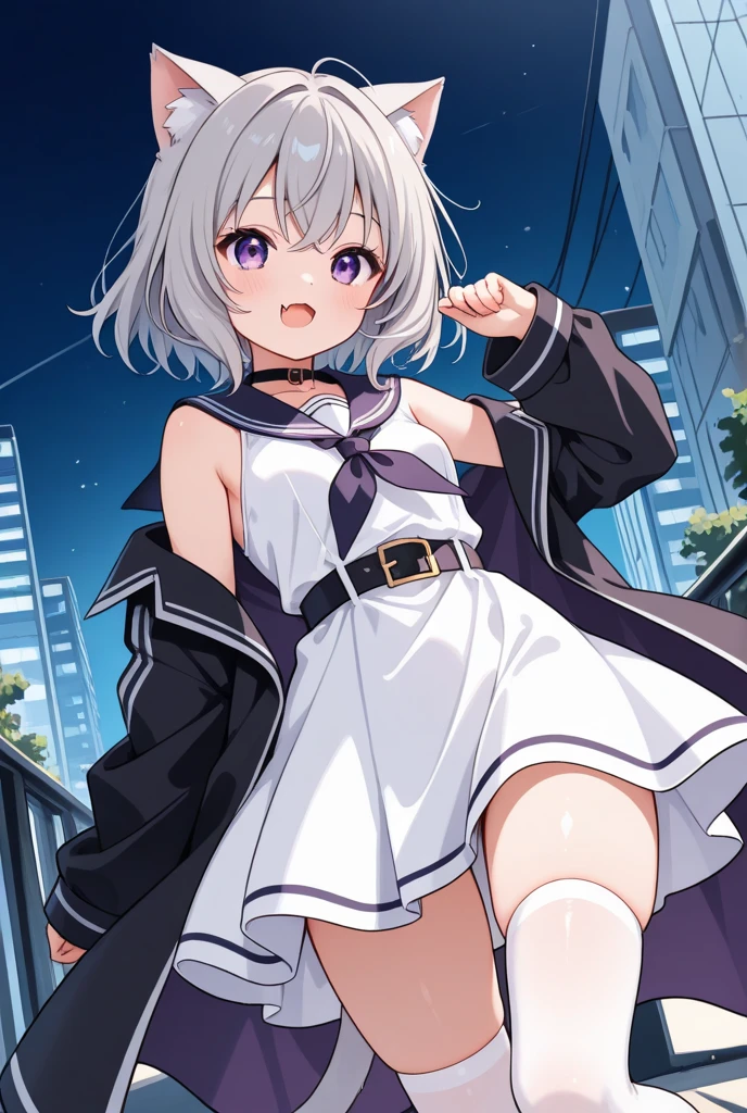 White cardigan、Putting on a collar、Elementary school girl、,platinum blonde short cut,Very beautiful and Shining Eyes、Shining Eyes、1 person、Large Breasts、Devil Ears、(((((Small body)))))、heart❤、((Sweat、vapor))