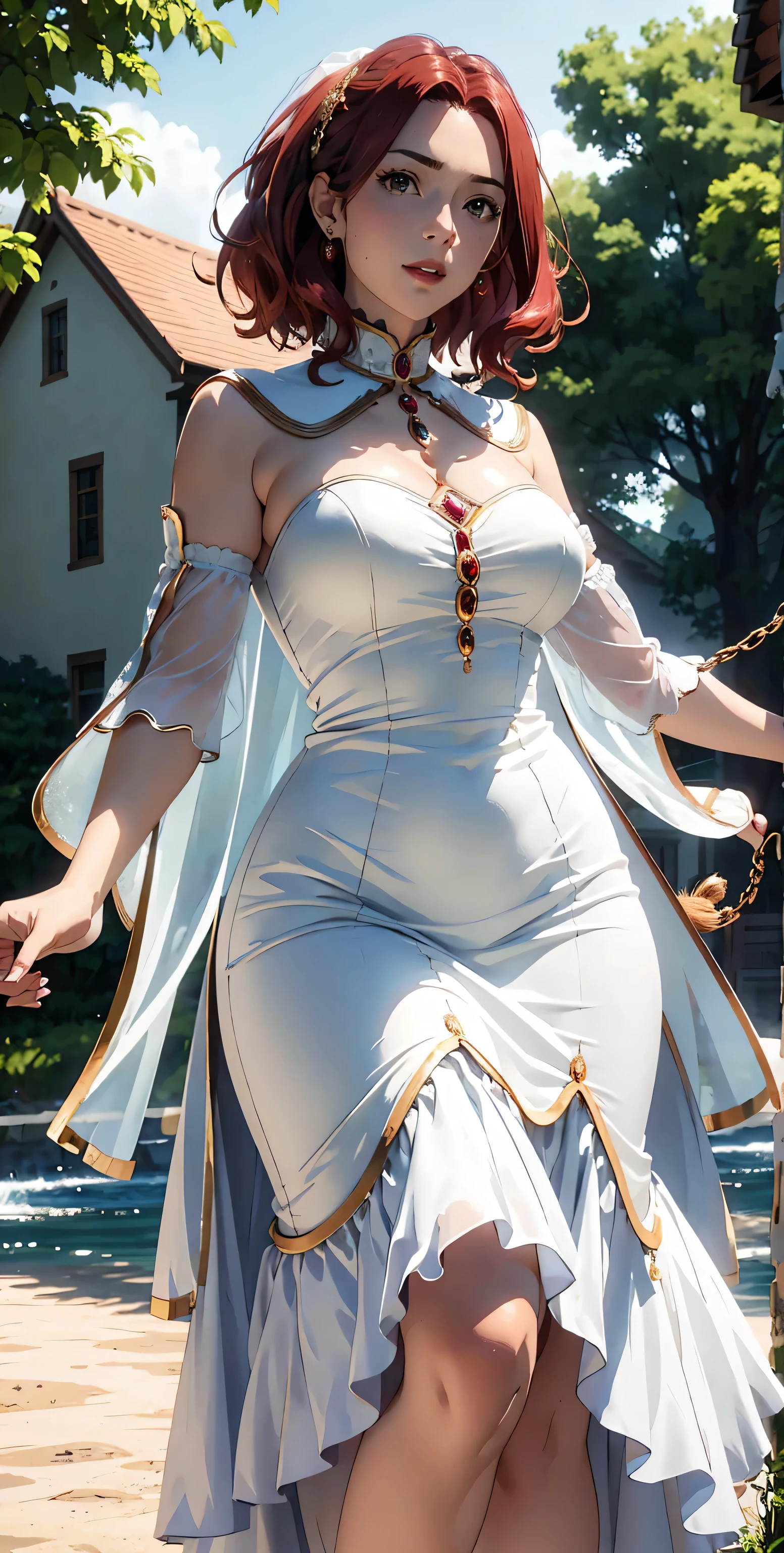((Masterpiece)), (((best quality))), hips wide open, ((blue colour eyes)), (((long brown hair))), (((shot White dress))), (()), (cute), (a face that looks sleepy), ((blue silk robe)), ((only one girl))
