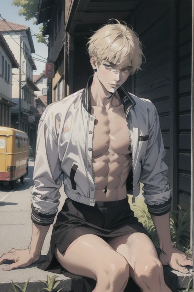(best quality), 1boy, male, tanned skin, blonde hair, short hair, side bangs, beautiful hairstyle, blue eyes, perfect eyes, white cropped cardigan, blue shirt, skinny jeans, choker, mboy, slender, handsome, attractive, skinny body, masterpiece, anatomically correct, highres
