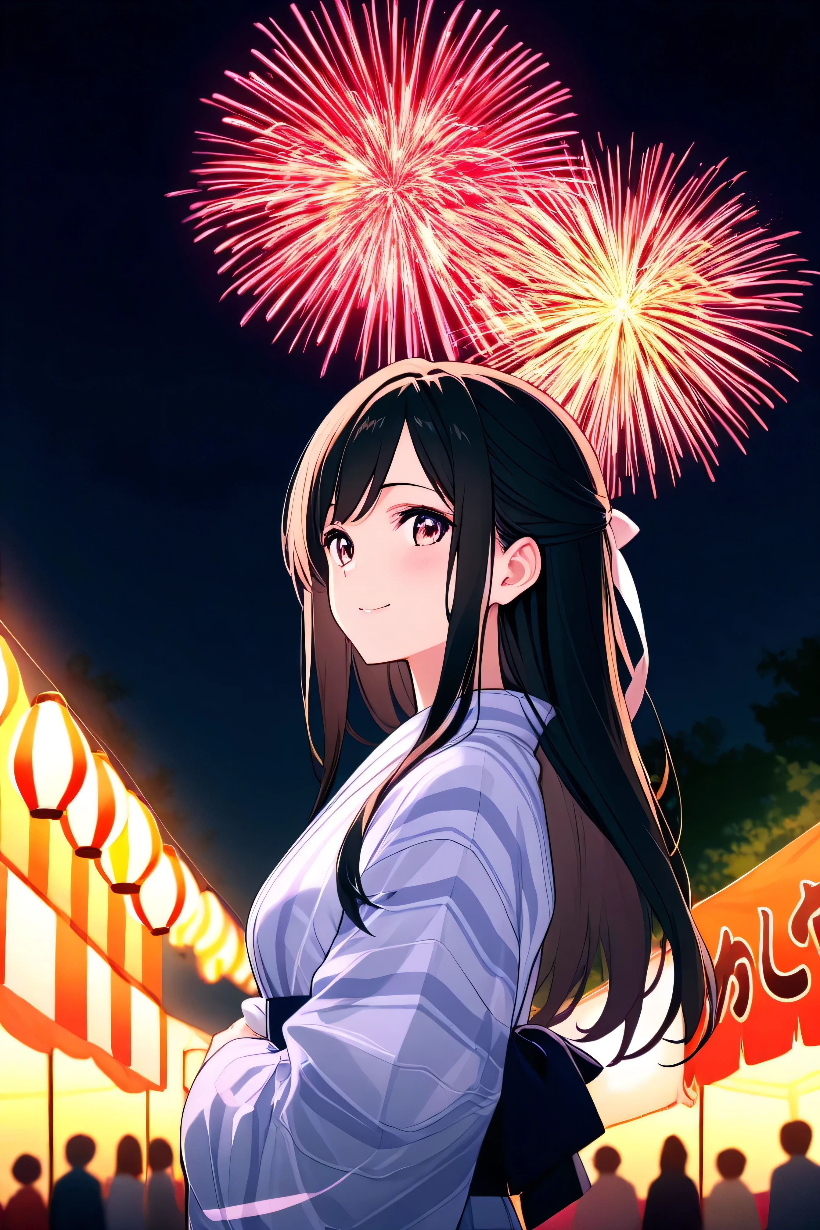 high quality,4K,HDR,professional,Black Haired Woman,Wearing a yukata,Long hair,Summer festival food stalls,Dark Night Background,festival atmosphere,Festival lighting,Bright Colors