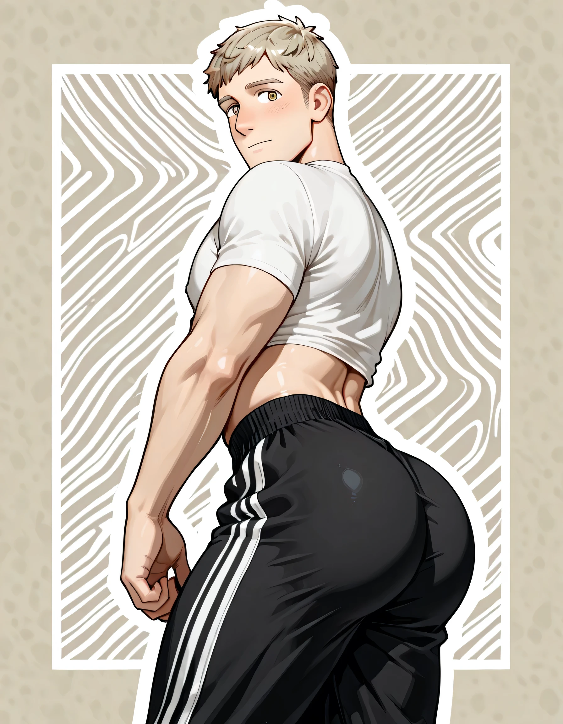 laios touden, 1 man, wearing sweatpants, wearing a crop top shirt, abstract line art digital pop art background, slut, perky butt