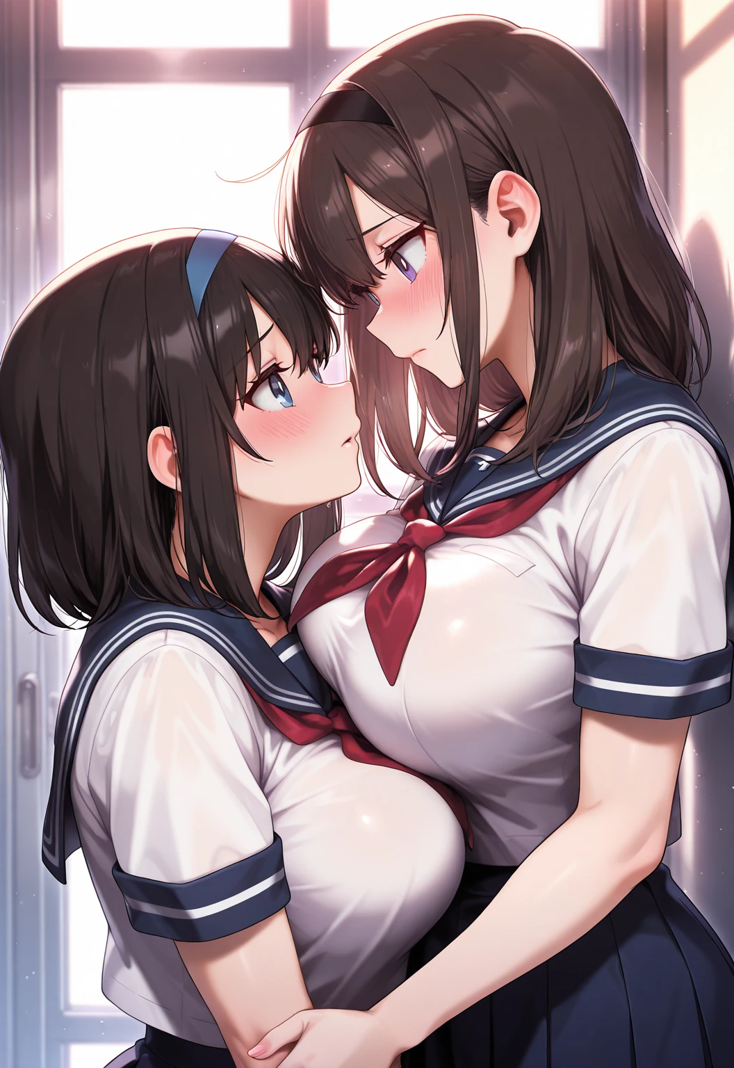 highest quality,wonderful,finely,extremely detailed CG Unity 8K wallpaper, (very huge penis:1.4), (2 girls, Black Hair,Twin tails, clothed), (symmetrical docking:1.3), (huge breasts:1.1),(Sailor swimsuit:1.1), (open mouth:1.2), (long tongue:1.2), (mouth drool:1.2)