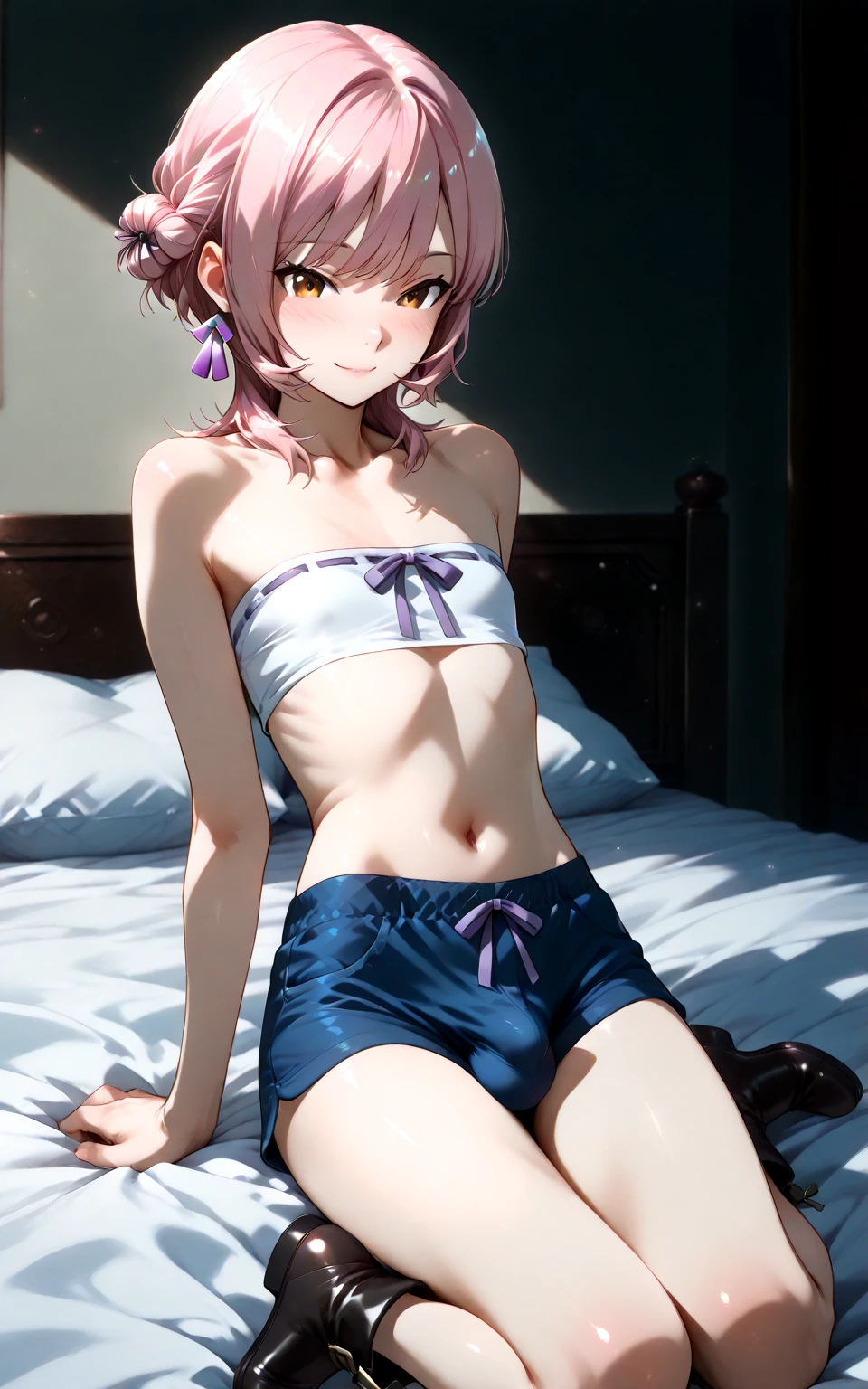 masterpiece, best quality, highres, ny1,,looking viewer,,spoken heart,6yo,(petite), ,swimsuits,leotard,socks,expressionless,my room,smile,on bed,nsfw,,lying on back