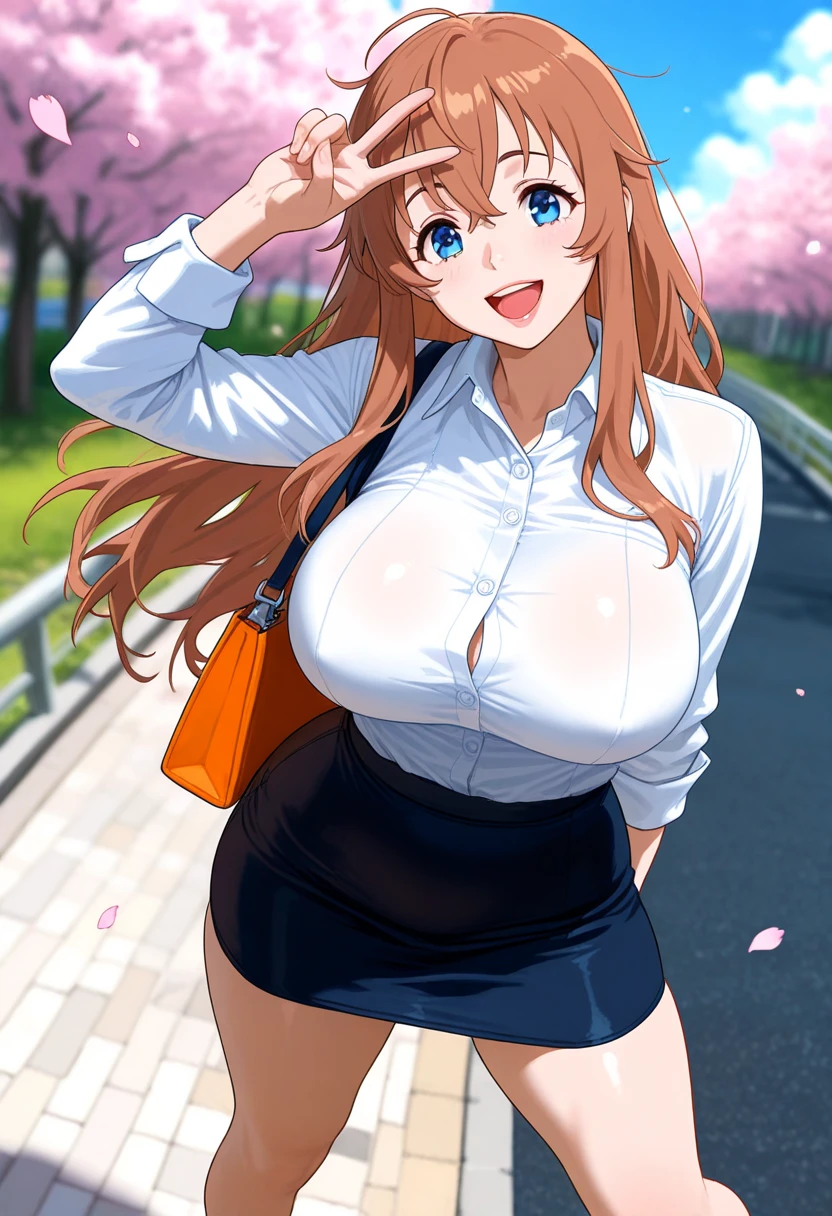 (Big tits), (nude), (nipples), (pussy), best quality, (masterpiece:1.2), highly detailed, street, 1girl, kotegawa nanaka, looking at viewer, slight smile, open mouth, brown eyes, brown hair, cleavage, long hair,