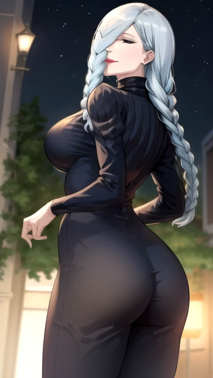 MeiMeiBD1, 1girl, solo, long hair, braid, hair over one eye, dress, smile, (((underwear)))), looking at viewer, breasts, long sleeves, braided bangs, large breasts, blue hair, braided ponytail, turtleneck dress, cowboy shot, makeup, red lips, grey hair, one eye covered, puffy sleeves, lipstick, closed mouth, turtleneck, looking back, from behind, ass focus, standing, black eyes, half-closed eyes, curvy, wide hips, covered navel, impossible clothes, outdoors, night, sky, clouds, stars, streetlights, lights, buildings, plants, bushes, (narrowed eyes:1.2), (squinted eyes:1.2), BREAK
masterpiece, best quality, highly detailed background, perfect lightingbest quality, ((shiny skin, glossy skin, detailed skin))