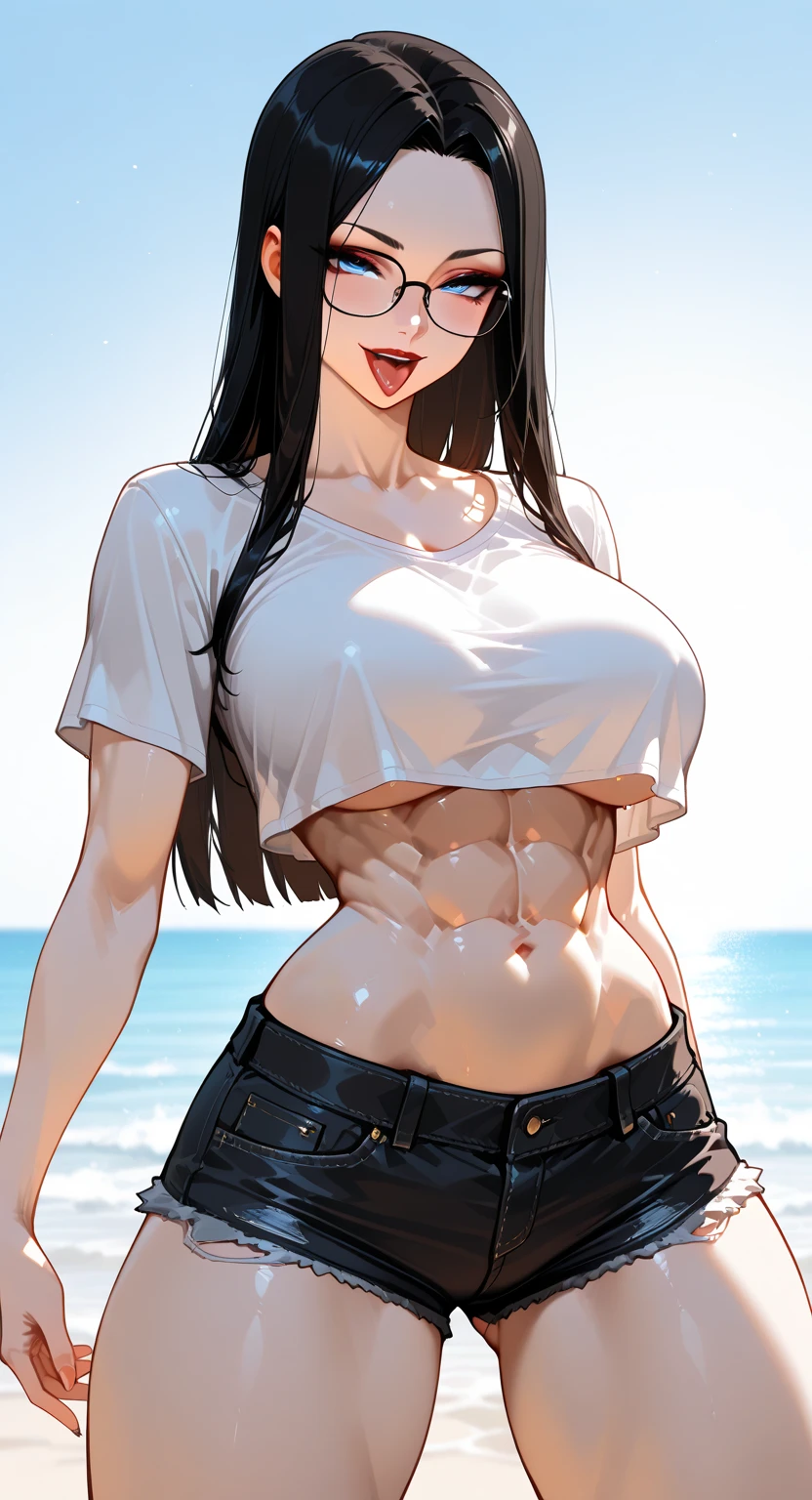 undersized shirt, croptop, microshirt, nipples, 1girl, solo, long hair, kumashiro maya, white headband, blue eyes, huge breasts, navel, thighs, looking at viewer, open mouth, standing, hand on hip, bare shoulders, black tank top, tank top, underboob, denim shorts, lowleg, beach,