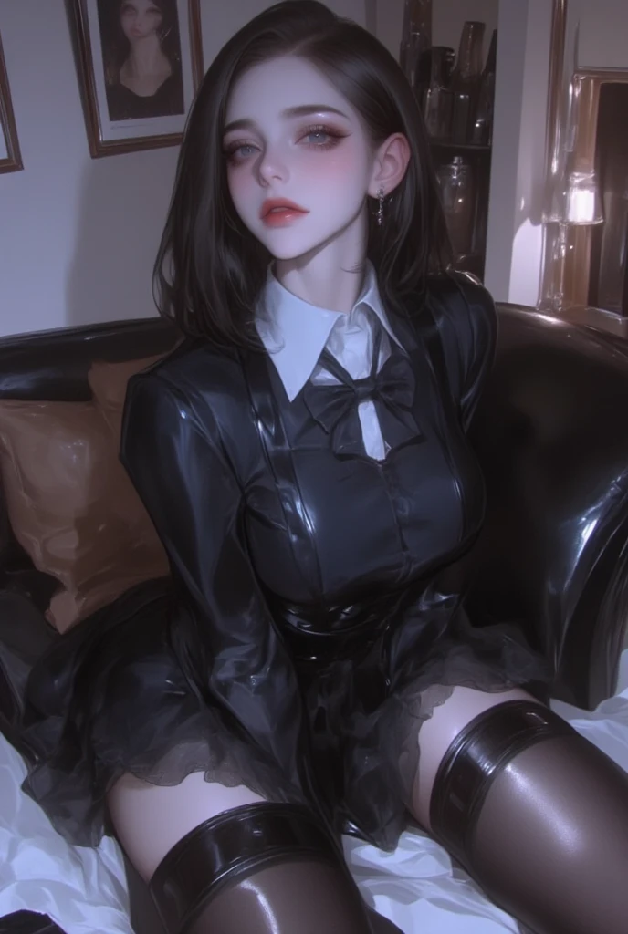 masterpiece. . detailed beautiful teen Wednesday Addams. . detailed short tight latex costume, . athletic. . night. leaning on sofa. . background window and rain.