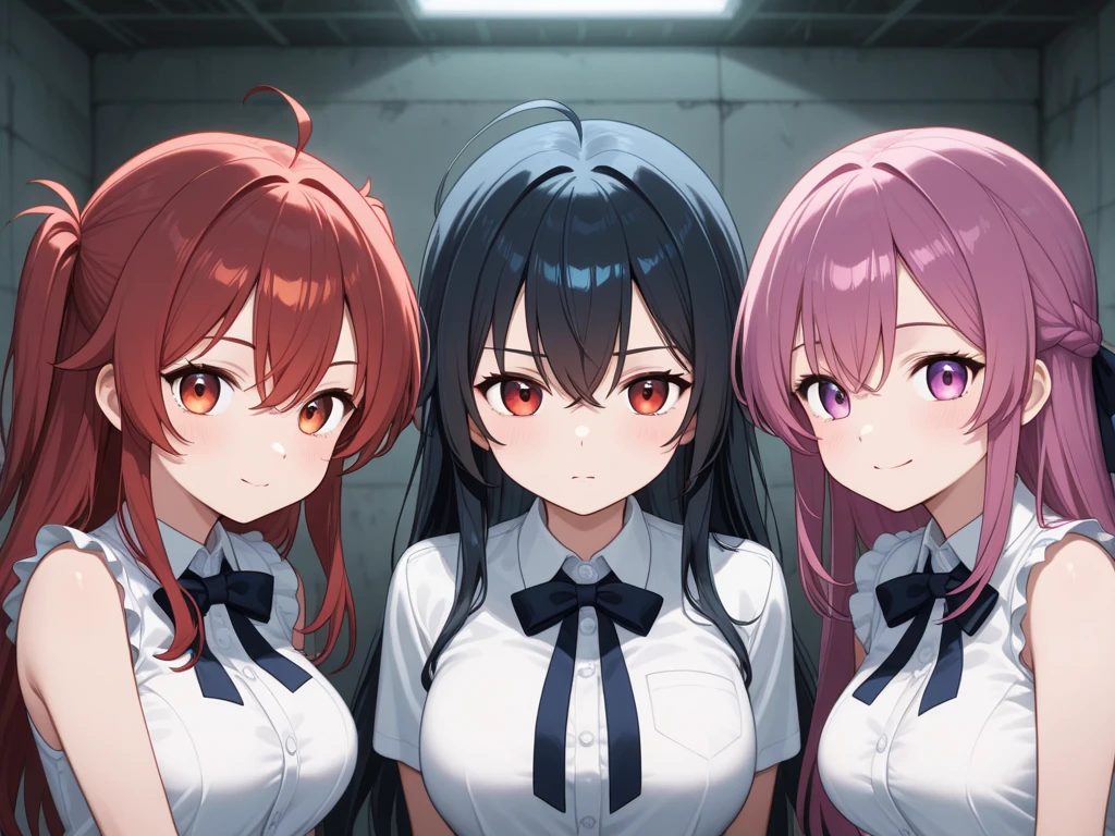 Masterpiece, super high quality anime style illustration, 8K, TV station news studio, CNN like set, bright lighting, very beautiful 20 year old ((two female newscasters)), ((two beautiful girls)) ((standing in front of the camera))), ((holding manuscripts in their hands)), colorful hair, perfect make-up, colorful eyes, pink lips, slightly plunging suit, medium breasts, cleavage, chest up shot, close up of face.