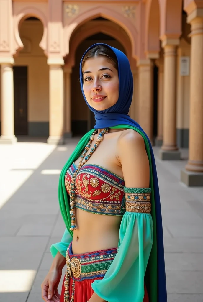 perfect eyes, fantastic face, Indian, beautiful look, ((light lips, bright eyes, curve heir 1.5)), (((beautiful details very huge breast ))), (Straight round and ultra huge clevage, not sagging breast), A glorious gorgeous, glorious gorgeous face, pretty face, bright eyes, (detailed Colourful elegant printed Hijab with Designs and Patterns), updo elegant hair, blurred gray tones background, ultra focus, face ilumined, face detailed, 8k resolution, painted, dry brush, brush strokes, razumov style and garmash style, by Tokaito, (fluorescent colours:1.4),(semi transparent:1.4),(retro filters:1.4),(fanciful:1.4), Soft Fluffy Soft Landscape Light Soft Whimsical Light Frosty Ballroom Background Ultra Realistic Ultra High Quality Cinematic Lighting Huge Details Full HD Painting Plenty of light,diagonal bangs,Bright Colorful Hijab headwear ,side masterpiece, best qualityer,realskin,(sportrait:1.5), 1girll, bluntbangs, (long wavy hair), ((Frosty Ballroom)), ((Big Sexy Body Shape)), (((Portrait Photo))), (half open breast wear)