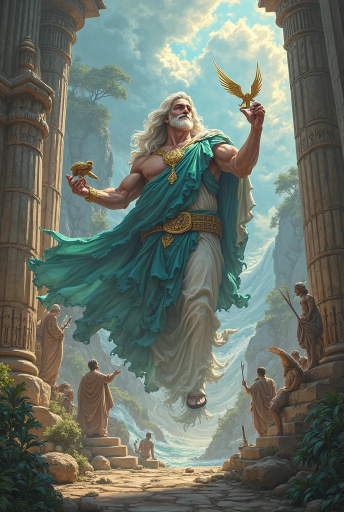 the god zeus, with a smile, and with a Greek-style city in the background. flying animals. Panoramic room. aged image.
