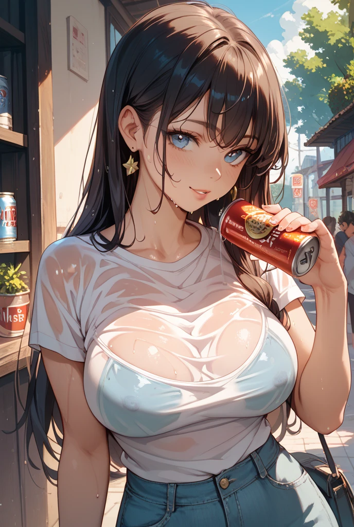 (kinako_(shiratama_mochi) style, maruzensky_\umamusume\), ((topless)), nsfw, masterpiece, leather pants, solo, 1 girl, horse ears, horse tail, erect nipples, nipples, navel, bare breasts, bare stomach, sweaty, full body, boots, medium breasts, outdoors, night, bridge, street lamp, river, collarbones, night sky, slim waist, brown hair, detailed eyes, beautiful eyes, wet, aque eyes, necklace, railing, smiling, buttoned, black gloves, city skyline, lights, lusty eyes, holding a coffee can, shiny black pants