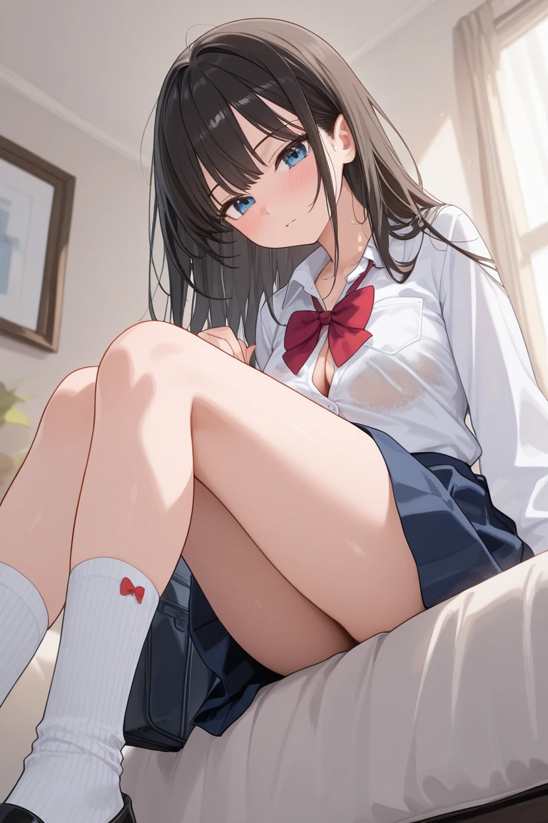 finest, masterpiece, High resolution, (full body), front, symmetrical, Mature tall high school girl, alone, (full body from head to toe), small breasts, slightly messy hair, (black tight track pantyhose), black pantyhose, composition showing white panties, slender beautiful legs, A very beautiful and tall 17 year old girl, ((not wearing shoes)) , shy big eyes, ( (brown hair)), (bangs), messy hair, (hair clip), looking at camera, showing white panties, （forced to sit with legs up）、white ruffle lingerie, high school uniform blazer, high school uniform white blouse, High school uniform with blue ribbon, high school uniform with 短い plaid pattern and navy pleated skirt