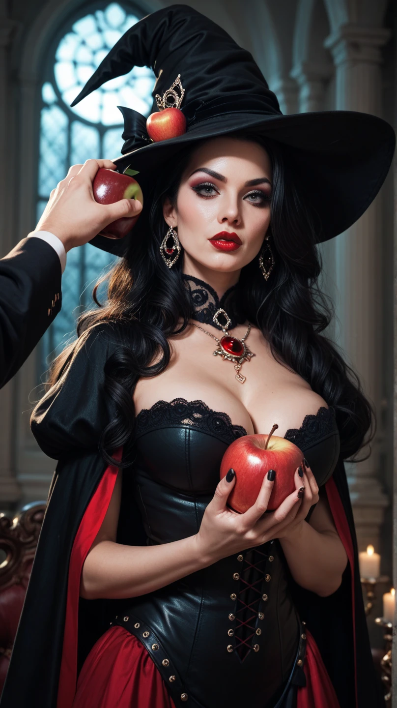Girl,Black long hair,Black Queen, big breast, cleavage,accessories,Apple in hand,Poison apples,Witch Queen,Red lipstick