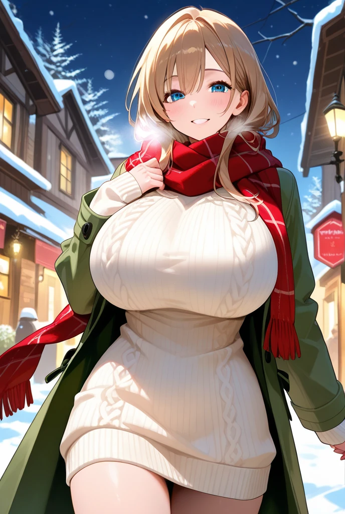 1girl, blonde hair, big lips, pink eyes, spilling cleavage, top with tiny ribbon adornment, coat, knitwear skirt, fur winter hat, blush, nose blush, outdoors, sitting, snowy background, anime, seductive, intimate, cowboy shot, tiny waist, huge hips, hourglass figure, seductive pose, superiority, feminine, burberry plaid pattern