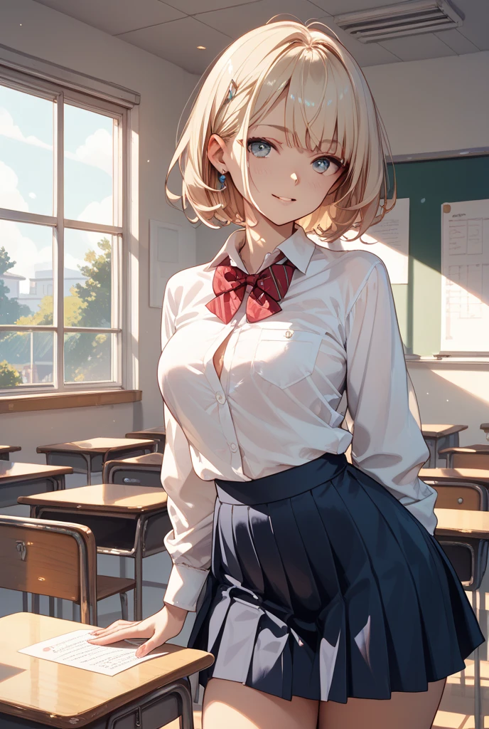1girl, natural lighting, masterpiece, highly detailed, illustration, game CG, absurdres, high quality, beautiful detailed eyes, glossy lips, natural lighting, small breasts, short blonde hair, bangs, green eyes, freckles, white shirt, standing, school, pleated black miniskirt, white thigh highs