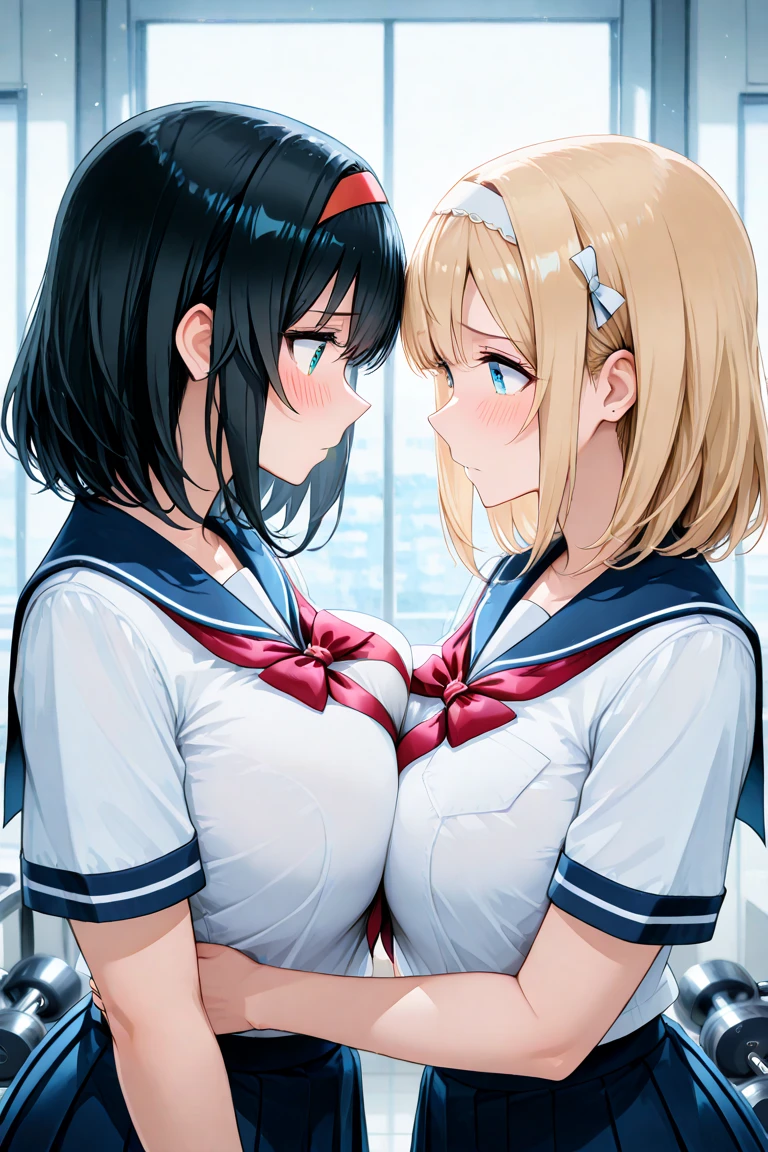 2lady(different hair style and clothes color), ((ultra-quality)), (Bukkake:1.5), (side view), (profile), (sexy back), (in 8K), (arms behind back:1.5), (arms are down), ultla highres, Hyper Detailed, High contrast, Ultrafine Strike, creative refinement, absurdres, Realistic, extremely detailed CG unified 8k wallpaper, Highly detailed, High-definition raw color photos, professional photograpy, Realistic portrait, Cinematic Light, Beautiful detailed, 28 years old woman, (realistic skin:1.3), (shiny skin), (Best Quality:1.4), Super Detail, High quality, master piece, lifelike, (After SEX), Bukkake, Perfect face, (cum on chest:1.5), (Bukkake:1.3), (cum on clothes:1.3), (Sharp Focus), (upper body), (close up), Delicate Beautiful Hair and Eyes and Face, Delicate eyes, radiant eyes, Lifelike, Hyper-detailing, (Wearing a dark sailor uniform:1.3), (school costume), (dark sailor collar), (black japanese school shirt), (exposed), (pleated skirt), (large areola), (colossal tits:1.8), (big breasts:1.5), (Beautiful breasts:1.5), (exposed breasts), (puffy nipples:1.3), (sexy nipples:1.3), (arms behind back:1.3), Beautiful cute woman, camel-toe details, (NSFW), wet clothes, pale black eyes, (bob hair), (ponytail), (asymmetrical bangs),