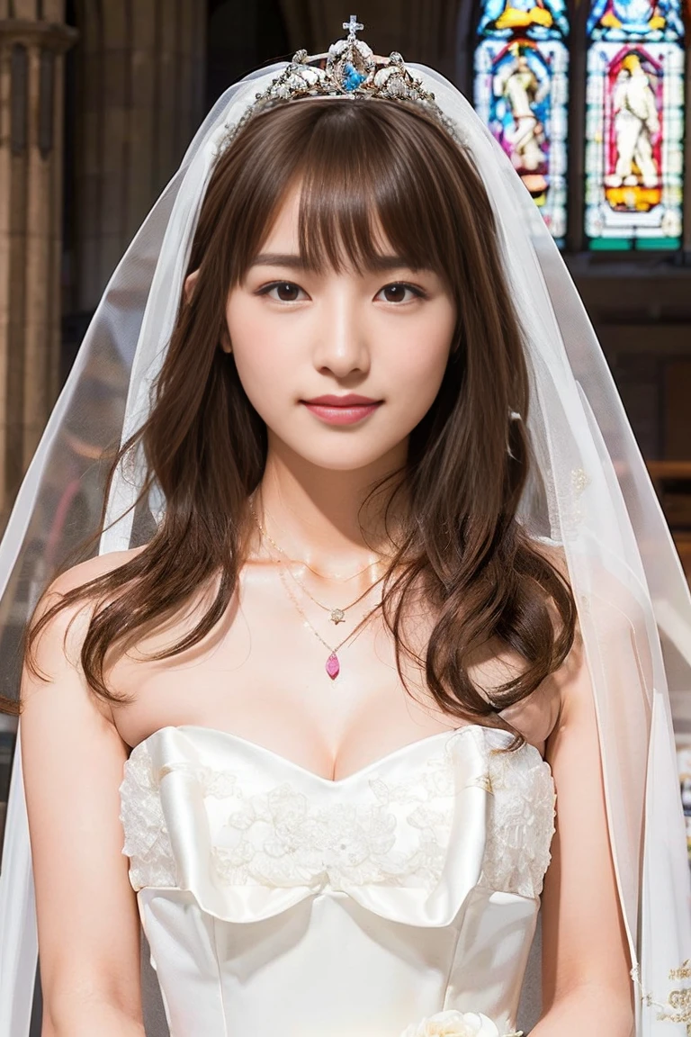 (Well organized full bangs and blunt bangs:1.4)　(Her hairstyle is twin drills:1.4) (She is wearing a pure white shiny voluminous wedding dress.)　(Photo of upper body from waist up)　(JapaneseSoloPhotoshoot&#39;The most beautiful 24 year old woman))　((Her hair is incredibly curly、very long　Very high quality, Shiny, Very long hair、beautiful, high quality, Very long hair, like silk　 Attention to detail、Pure brown high quality extremely long hair　And that is&#39;rich　High quality and highly detailed))　((最high quality)), ((masterpiece)), (familiar)　(Get used to it)　Perfect Face　(Her skin is a typical Japanese skin color..　Highly detailed skin texture)　(Big Breasts:1.3)　　(She has a beautiful face and a typical Japanese figure.., Narrow eyes.)　　(She has perfect beautiful makeup and face　Lipstick is light red　A solid eyeliner)　((rich 1.4))　(Extremely detailed 8K)　(Stable Diffusion Model)　(Ultra-fine skin texture 1.4)　(Actual, Vibrant:1.4), double eyelid　Sharp focus:1.2、beautiful woman:1.4　Dynamic Lighting　(Genuine RAW photos taken by professional photographers)　(Turn your whole body to the viewer)　Professionally lit from the front　(her hair is light brown)　(her hair is light brown)　(her hair is light brown)　(She has a sensual look)　(In a church with professional lighting、You can see the stained glass.)　(She does random sexy poses)　(A wedding veil that reveals your face)