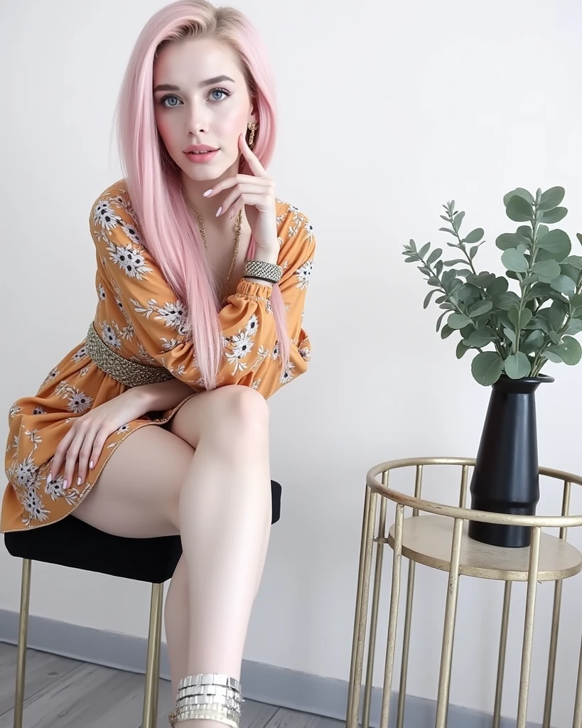 latina Instagram influence pink hair who and in a pretty designer apartment in her living room